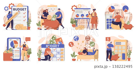 Planning financial budget collection of scenes isolated. People keep bookkeeping, finance management, set in flat design. Vector illustration for blogging, website, mobile app, promotional materials. Planning financial budget collection of scenes isolated. People keep bookkeeping, finance management, set in flat design. Vector illustration for blogging, website, mobile app, promotional materials. 138222495