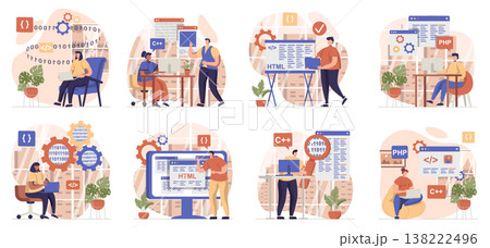 Programmer working collection of scenes isolated. People create programs, configure and test software, set in flat design. Vector illustration for blogging, website, mobile app, promotional materials. Programmer working collection of scenes isolated. People create programs, configure and test software, set in flat design. Vector illustration for blogging, website, mobile app, promotional materials. 138222496