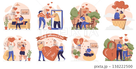 Valentines day collection of scenes isolated. People go on romantic dates, love and relationships, set in flat design. Vector illustration for blogging, website, mobile app, promotional materials. 138222500
