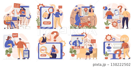 Virtual assistant collection of scenes isolated. People call and send messages to customer support, set in flat design. Vector illustration for blogging, website, mobile app, promotional materials. Virtual assistant collection of scenes isolated. People call and send messages to customer support, set in flat design. Vector illustration for blogging, website, mobile app, promotional materials. 138222502
