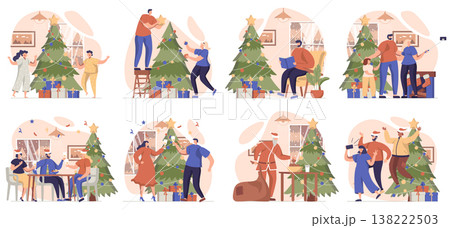 Christmas collection of scenes isolated. People make snowman, give gifts and celebrate holiday at home, set in flat design. Vector illustration for blogging, website, mobile app, promotional materials Christmas collection of scenes isolated. People make snowman, give gifts and celebrate holiday at home, set in flat design. Vector illustration for blogging, website, mobile app, promotional materials 138222503