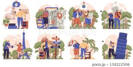 Travelling people collection of scenes isolated. Travelers go on vacation, hiking, resort, sightseeing set in flat design. Vector illustration for blogging, website, mobile app, promotional materials. 138222506
