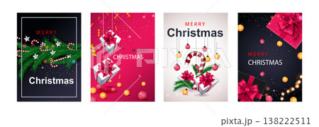 Merry Christmas set of posters or flyers greeting cards design with tree branch and Christmas ball. New Year 2022 cover design. Xmas brochure layout. Vector illustration with realistic elements. Merry Christmas set of posters or flyers greeting cards design with tree branch and Christmas ball. New Year 2022 cover design. Xmas brochure layout. Vector illustration with realistic elements. 138222511