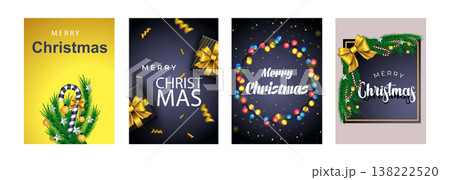 Merry Christmas set of posters or flyers greeting cards design with tree branch and Christmas ball. New Year 2022 cover design. Xmas brochure layout. Vector illustration with realistic elements. Merry Christmas set of posters or flyers greeting cards design with tree branch and Christmas ball. New Year 2022 cover design. Xmas brochure layout. Vector illustration with realistic elements. 138222520