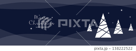 Merry Christmas and New Year 2022 poster. Xmas minimal banner with holiday symbols of festive trees in abstract winter night and text on white background. Vector illustration for greeting card design Merry Christmas and New Year 2022 poster. Xmas minimal banner with holiday symbols of festive trees in abstract winter night and text on white background. Vector illustration for greeting card design 138222522