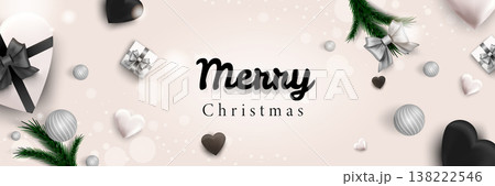 Merry Christmas web banner. Xmas and Happy New Year 2022 holiday celebration poster. Vector illustration with 3d realistic elements. Horizontal christmas poster, background, greeting cards, header. 138222546