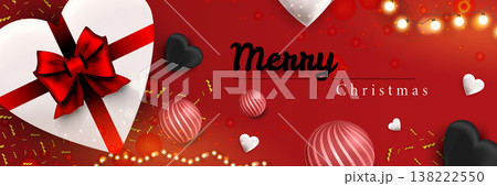 Merry Christmas web banner. Xmas and Happy New Year 2022 holiday celebration poster. Vector illustration with 3d realistic elements. Horizontal christmas poster, background, greeting cards, header. 138222550
