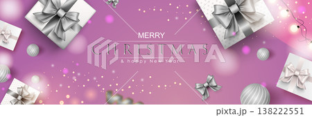 Merry Christmas web banner. Xmas and Happy New Year 2022 holiday celebration poster. Vector illustration with 3d realistic elements. Horizontal christmas poster, background, greeting cards, header. Merry Christmas web banner. Xmas and Happy New Year 2022 holiday celebration poster. Vector illustration with 3d realistic elements. Horizontal christmas poster, background, greeting cards, header. 138222551