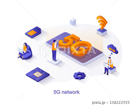 5G network technology isometric web concept. People using high-speed wireless internet connection. Global network by phone mobile internet scene. Vector illustration for website template in 3d design 5G network technology isometric web concept. People using high-speed wireless internet connection. Global network by phone mobile internet scene. Vector illustration for website template in 3d design 138222555