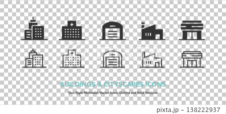 建築物のアイコンセット。高層ビル,病院,倉庫,工場等の線画と塗りのベクターアイコンセット 138222937