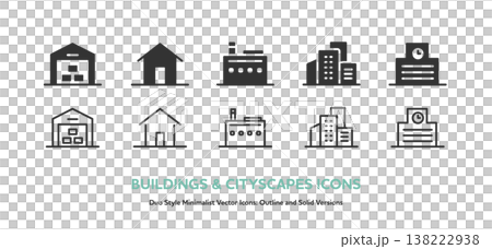 A simple icon set of buildings. Vector icons of warehouses, houses, factories, cityscapes, and schools, including line drawings and silhouettes. A simple icon set of buildings. Vector icons of warehouses, houses, factories, cityscapes, and schools, including line drawings and silhouettes. 138222938