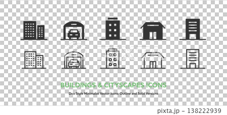 A set of vector icons for buildings. Simple icons of building lines and silhouettes, including buildings, garages, shops, and other architectural structures. A set of vector icons for buildings. Simple icons of building lines and silhouettes, including buildings, garages, shops, and other architectural structures. 138222939