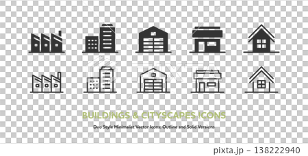 A set of vector icons for factories, office buildings, warehouses, shops, and houses. Simple icons with line art and color. 138222940