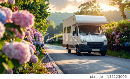 初夏の紫陽花ロードに停まる白いキャンピングバンと柔らかな自然光の静寂風景 138223006