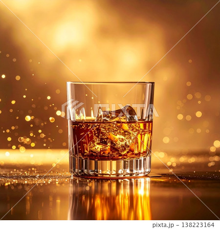 アンバーウイスキーと氷が輝くグラスとゴールドブラウン背景のラグジュアリービジュアル 138223164