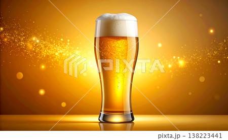 ゴールデンラガーと白い泡が輝くビールグラスとアンバーグラデーション背景の高級ビジュアル 138223441