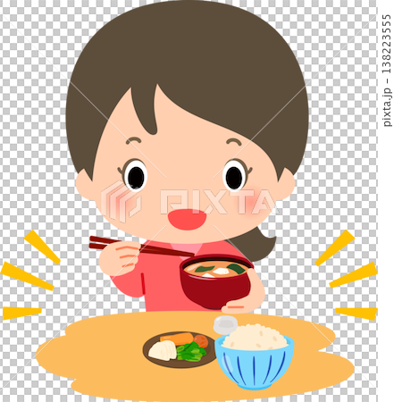 一位女士正在吃米飯、泡菜和味噌湯。 138223555