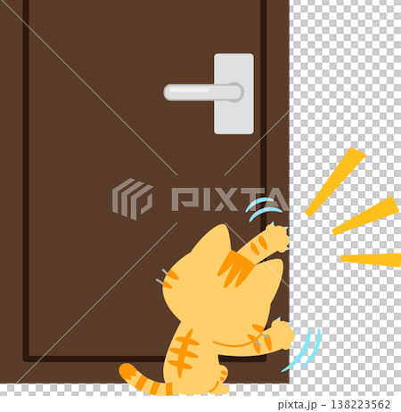 A tabby cat tries to open the door by scratching at it. A tabby cat tries to open the door by scratching at it. 138223562