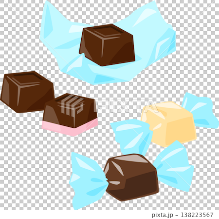 Cube chocolates wrapped in plastic film Cube chocolates wrapped in plastic film 138223567