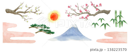 水彩イラスト・松竹梅と富士山のお祝いセット 138223570