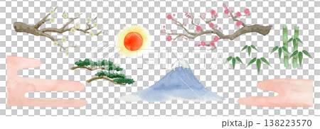 水彩イラスト・松竹梅と富士山のお祝いセット 138223570