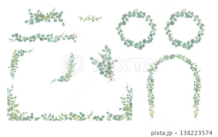 水彩画のユーカリとかすみ草のフレームセット 138223574