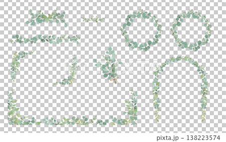 水彩画のユーカリとかすみ草のフレームセット 138223574