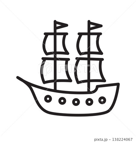 Black outline sailing ship icon with two masts and flags on white background 138224067
