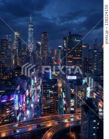 高層ビル群と高速道路が交錯する近代的な大都市の夜景を捉えた垂直俯瞰ショット 138224150