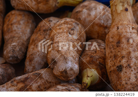 Freshly harvested tubers arranged in vibrant display at a bustling farmers market in the heart of autumn harvest season Freshly harvested tubers arranged in vibrant display at a bustling farmers market in the heart of autumn harvest season 138224419