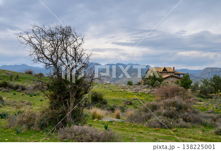 Expansive landscape with a rustic house nestled against a mountainous backdrop 138225001