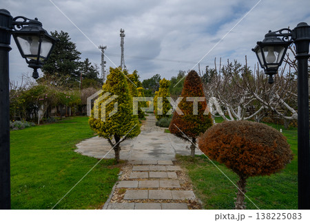 Serene pathway lined with trees leading to a tranquil garden under a cloudy sky Serene pathway lined with trees leading to a tranquil garden under a cloudy sky 138225083
