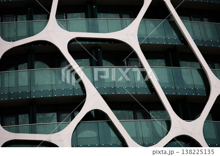 Close-Up of Modern Building Facade with Organic Voronoi Pattern: Futuristic White Biomorphic Mesh Over Green Glass Balconies, Contemporary High-Rise Architecture Detail 138225135