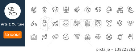 Flat arts and culture icon collection with creative performance, museum and heritage symbols clean modern vector set Flat arts and culture icon collection with creative performance, museum and heritage symbols clean modern vector set 138225262