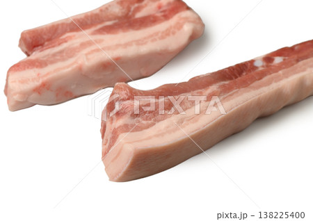 Several Pieces of Raw Pork Belly on White Background. Recipe Composition. 138225400