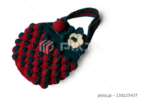 Crocheted Strawberry Tote Bag Standing or Lying on White Background Crocheted Strawberry Tote Bag Standing or Lying on White Background 138225437