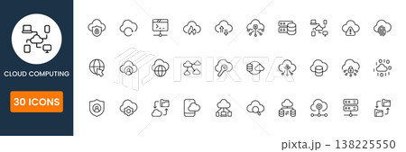 cloud computing icon set, data storage server and network symbols, modern technology hosting vector icons, digital cloud service UI pack cloud computing icon set, data storage server and network symbols, modern technology hosting vector icons, digital cloud service UI pack 138225550
