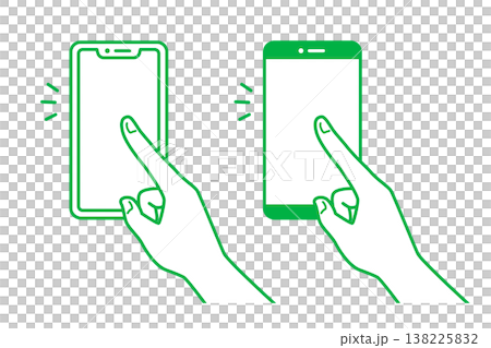 Two types of green silhouette icons that represent tapping a smartphone of a different shape. 138225832