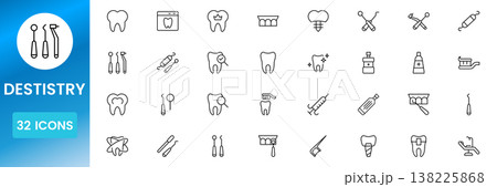 Flat dental icon collection with tooth hygiene, orthodontic treatment and medical clinic symbols clean modern vector set 138225868