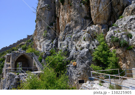 Natural rock formation integrated into the interior of St. Hilarion Castle, showing how the medieval structure was built directly into the mountain landscape. 138225905