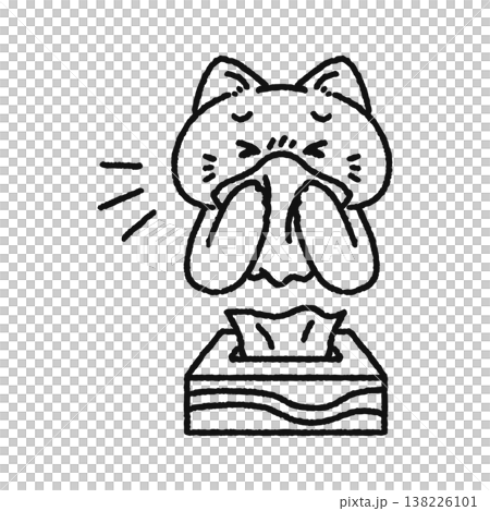 Cat blowing its nose with a tissue (line drawing) Cat blowing its nose with a tissue (line drawing) 138226101