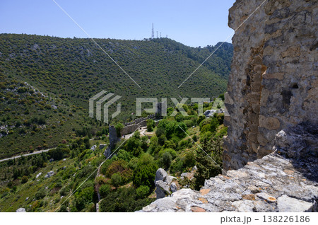 Breathtaking view from Saint Hilarion Castle mountain, showing Kyrenia and the blue Mediterranean Sea. A popular scenic spot in Northern Cyprus. 138226186