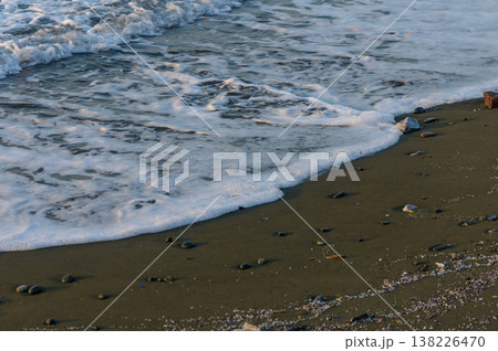 Golden sunset over sandy beach with sea rocks in Cyprus Golden sunset over sandy beach with sea rocks in Cyprus 138226470