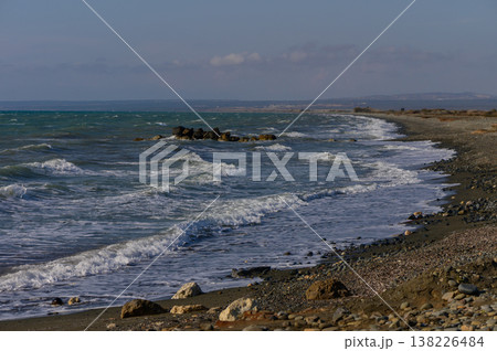 Sunny Mediterranean Seashore with Waves and Cliffs in Cyprus Sunny Mediterranean Seashore with Waves and Cliffs in Cyprus 138226484