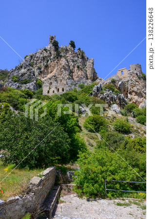 Scenic view of St. Hilarion Castle in 2025, perched on the mountains of Northern Cyprus, with panoramic landscapes and historic stone ruins. 138226648