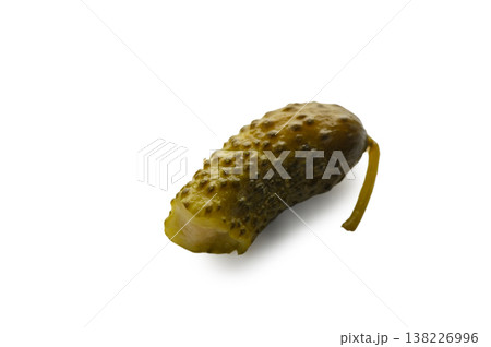 Bitten salted cucumber on white background Bitten salted cucumber on white background 138226996