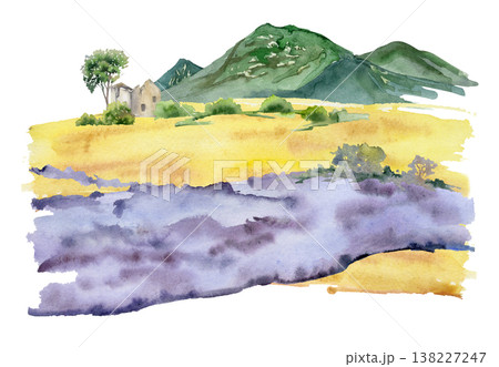 Purple lavender flowing across warm yellow meadow, distant house ruins, trees and mountains. Watercolor hand drawn illustration. Countryside brochures, wine region branding, Mediterranean landscape. Purple lavender flowing across warm yellow meadow, distant house ruins, trees and mountains. Watercolor hand drawn illustration. Countryside brochures, wine region branding, Mediterranean landscape. 138227247