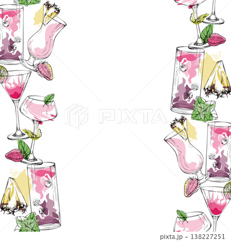 Rosy seamless double edge of daiquiri, margarita, berry mojito and cosmopolitan glasses hand drawn in ink. Vector ribbon for menus, wrapping accents, party sets, print kits and decorative borders. 138227251
