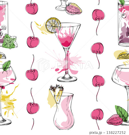Pink cocktail tile of daiquiri and cosmopolitan, creamy strawberry milkshake, cherry dividers with ink outline. Hand drawn seamless vector pattern for culinary layouts, decorative papers, menu sets. Pink cocktail tile of daiquiri and cosmopolitan, creamy strawberry milkshake, cherry dividers with ink outline. Hand drawn seamless vector pattern for culinary layouts, decorative papers, menu sets. 138227252