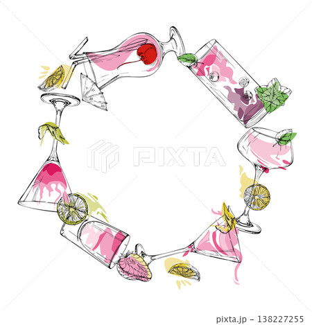 Circular pink wreath of fruit, berry and citrus cocktails, lemonade and milkshake, mint leaves. Hand drawn vector for stickers, cosmetic packaging, recipe seals, party branding and feminine layouts. 138227255